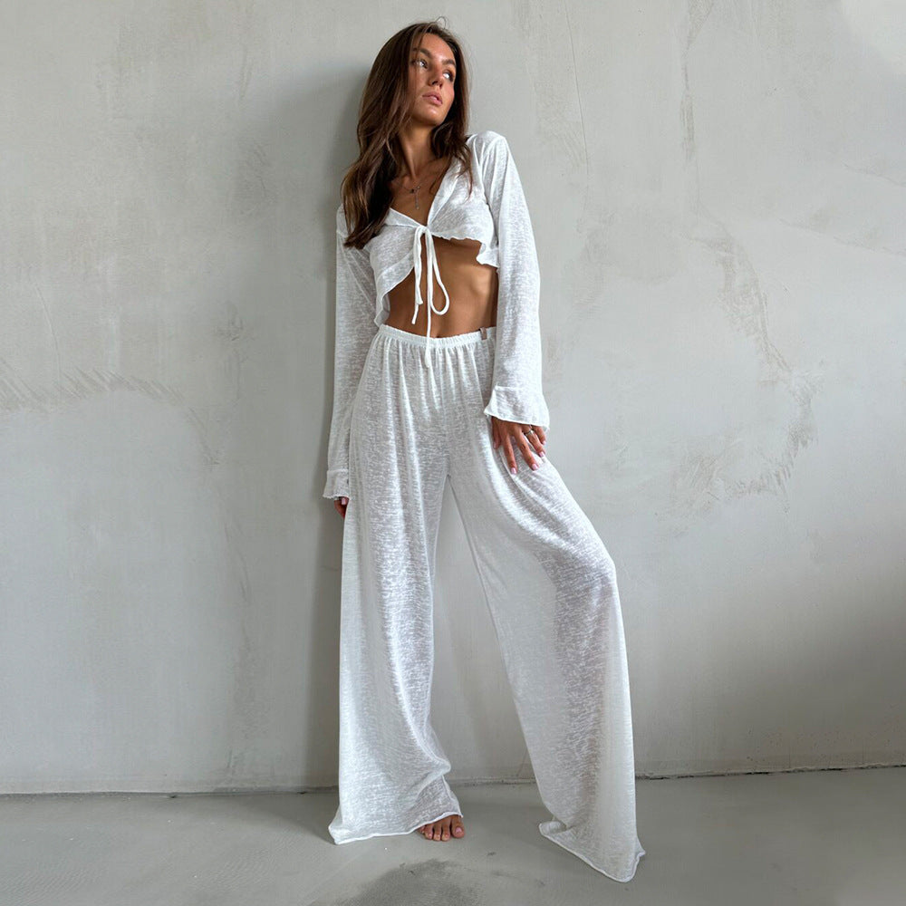 Tie-front long-sleeved long-pants pajamas