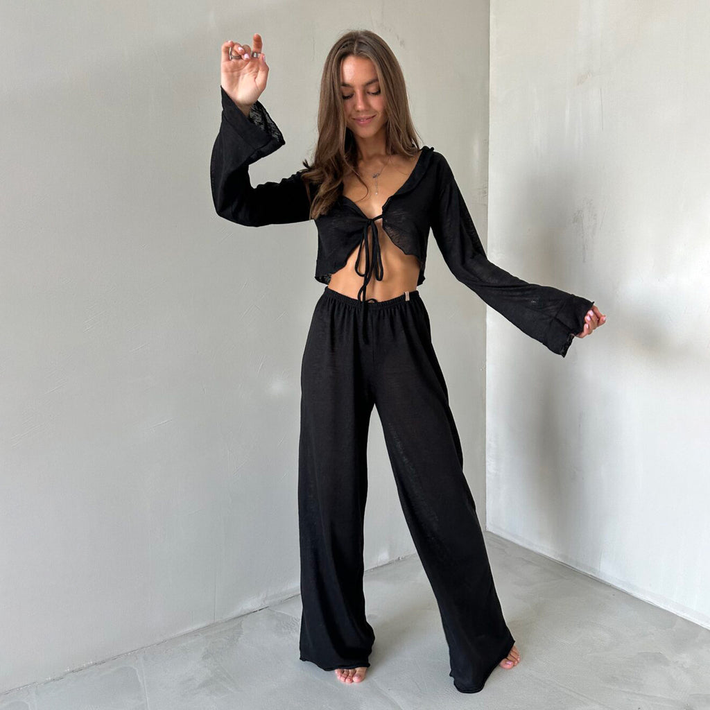 Tie-front long-sleeved long-pants pajamas