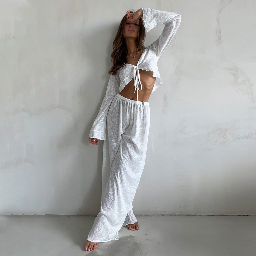 Tie-front long-sleeved long-pants pajamas