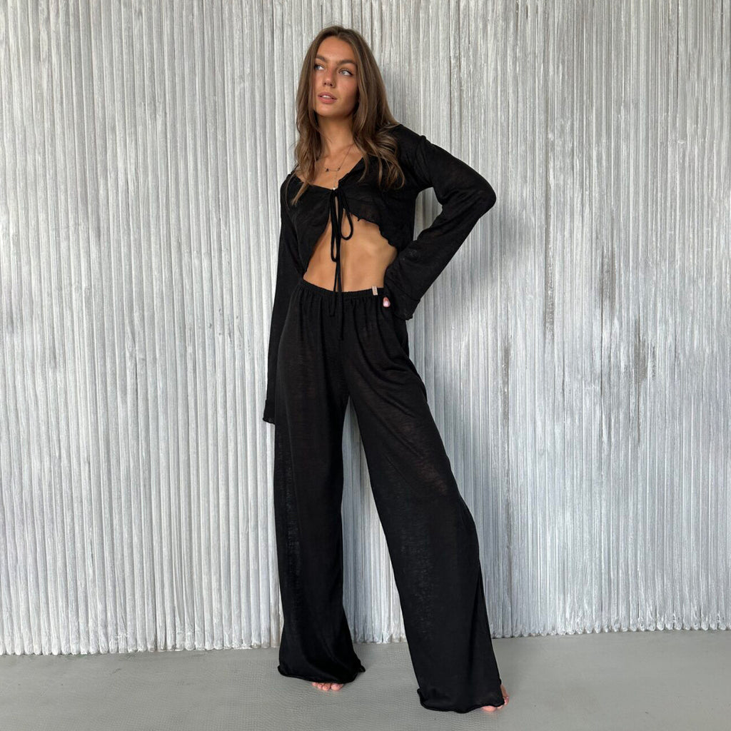 Tie-front long-sleeved long-pants pajamas